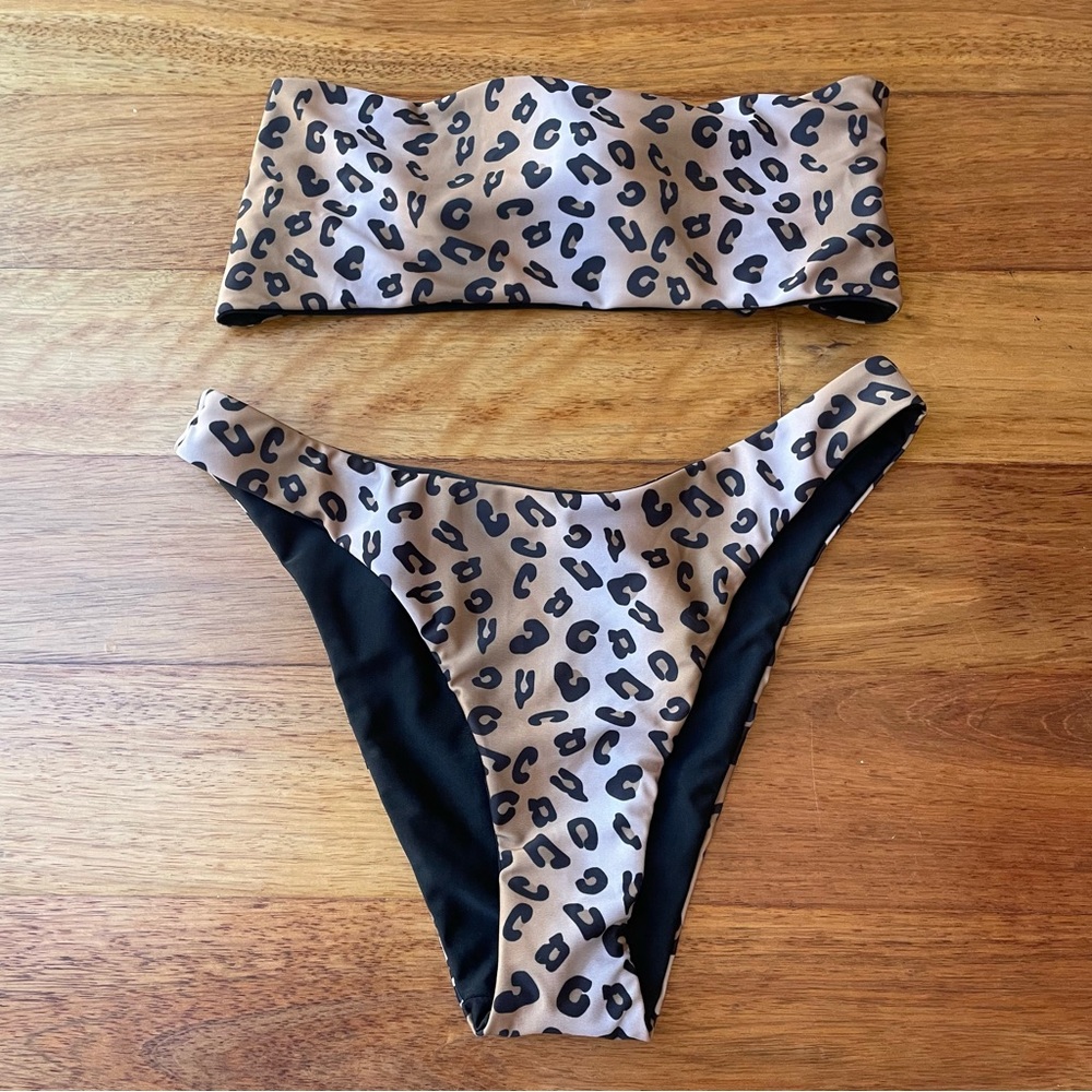 Leopard Print and Solid Black Reversible Bandeau Bikini with High Cut Bottoms